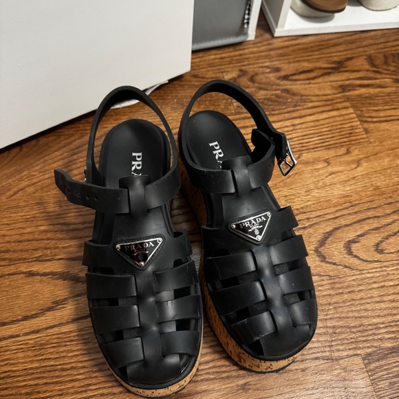 Prada Prada Black Rubber Monolith Platform Cork Sandals - Picture 4 of 12